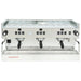 La Marzocco CLASSIC-S-AV-3-GR three group espresso machine, front view of stainless steel body with three portafilters