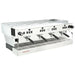 La Marzocco CLASSIC-S-AV-4-GR four group espresso machine, angled view of the long stainless steel body and drip tray