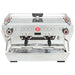 La Marzocco KB90-AV-2-GR two group espresso machine, front view of the stainless steel body with red accent controls