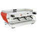 La Marzocco KB90-AV-3-GR three group espresso machine, angled view showing the red side panel and steam wands