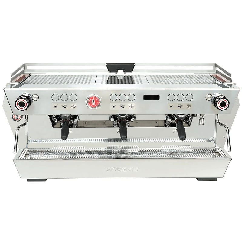 La Marzocco KB90-AV-3-GR three group espresso machine, front view of the stainless steel body with three portafilters
