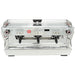 La Marzocco KB90-AV-3-GR three group espresso machine, front view of the stainless steel body with three portafilters