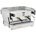 La Marzocco PB-AV-2-GR two group espresso machine, angled view of the stainless steel body, portafilters and cup rail