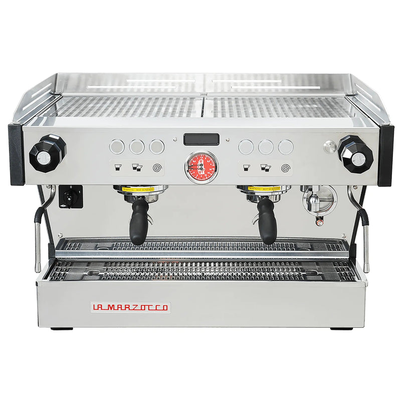 La Marzocco PB-AV-2-GR two group espresso machine, front view of the stainless steel body with black steam knobs