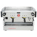 La Marzocco PB-AV-2-GR two group espresso machine, front view of the stainless steel body with black steam knobs