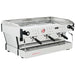 La Marzocco PB-AV-3-GR three group espresso machine, angled view showing the steam wands and stainless steel drip tray