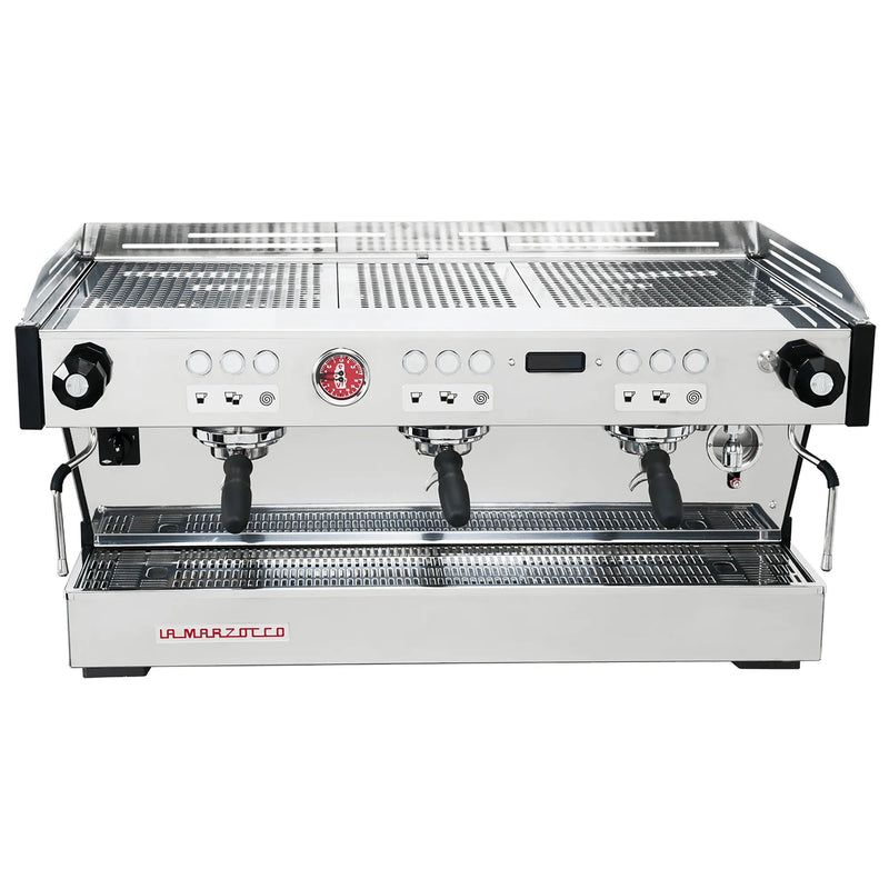 La Marzocco PB-AV-3-GR three group espresso machine, front view of the stainless steel body with three portafilters