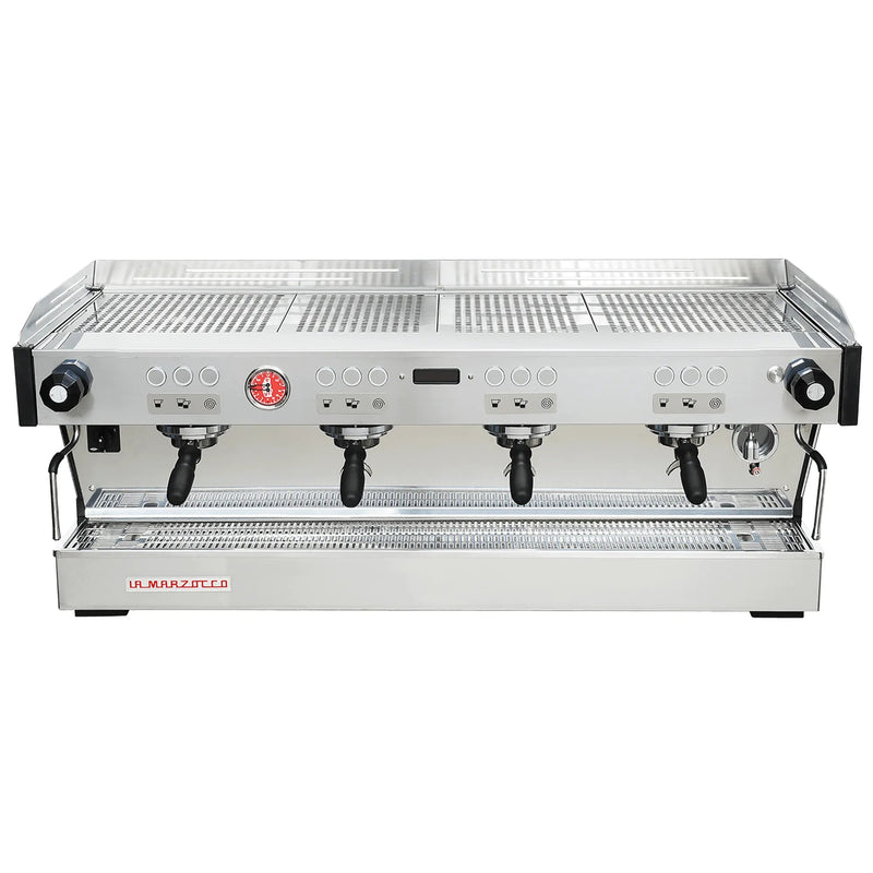 La Marzocco PB-AV-4-GR four group espresso machine, front view of the wide stainless steel body with four portafilters