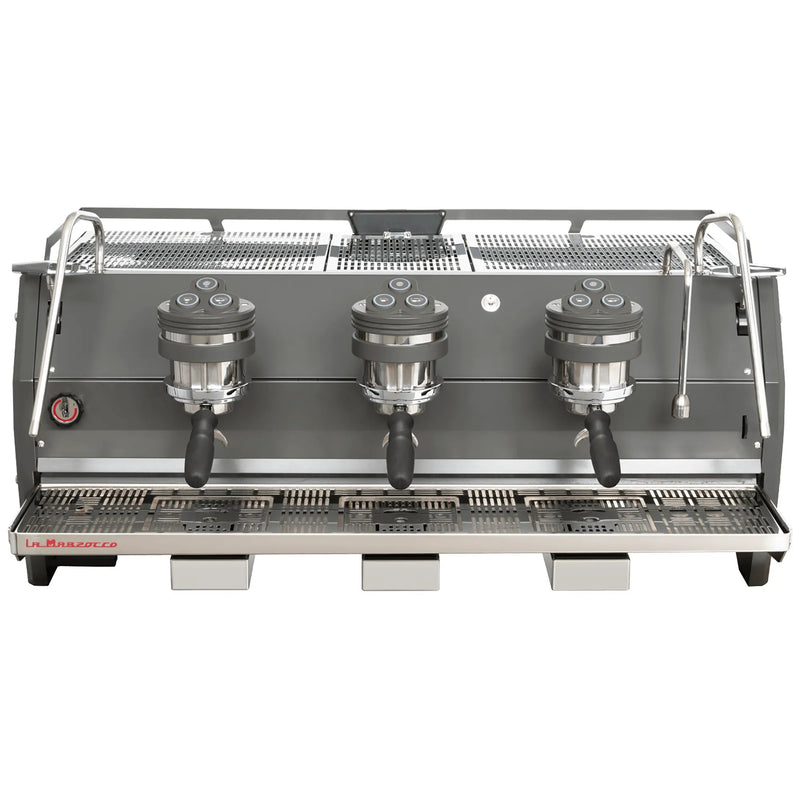 La Marzocco STRADA-S-AV-3-GR three group espresso machine, front view of the grey body with three exposed group heads