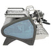 La Marzocco STRADA-X-2-GR two group espresso machine, side view of the curved blue glass panel and steel frame