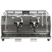 La Marzocco STRADA-X-2-GR two group espresso machine, front view of the dark body with exposed group heads and cup rail
