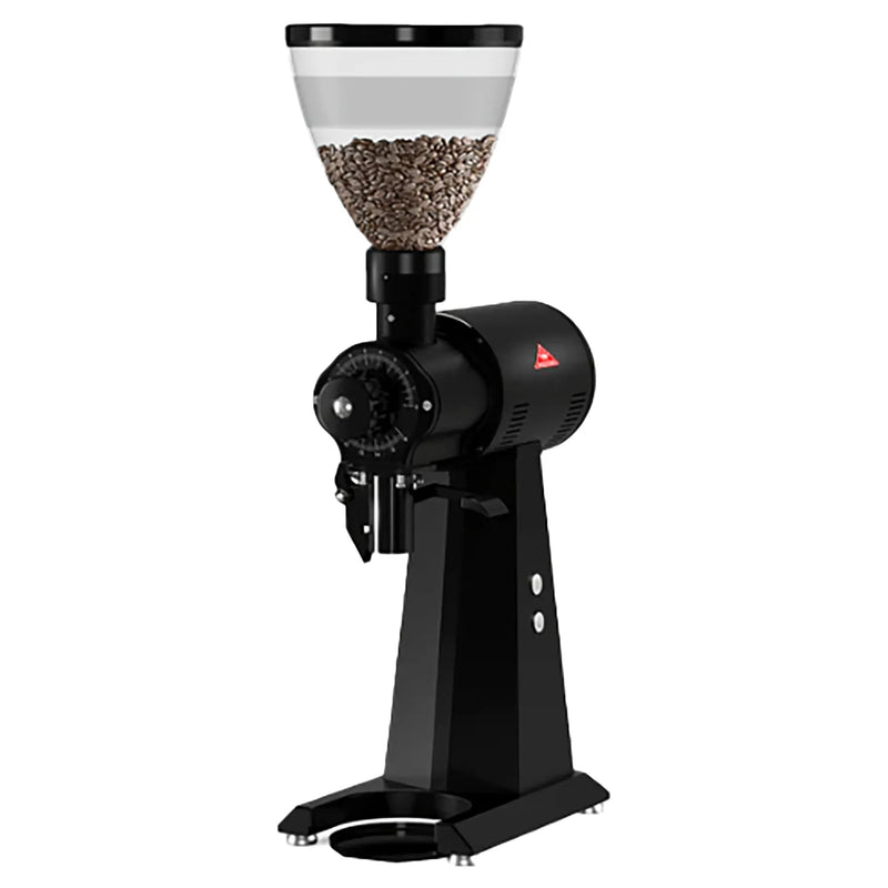 Mahlkonig EK43 coffee grinder in black with clear hopper filled with coffee beans, angled front view