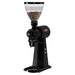 Mahlkonig EK43 coffee grinder in black with clear hopper filled with coffee beans, angled front view