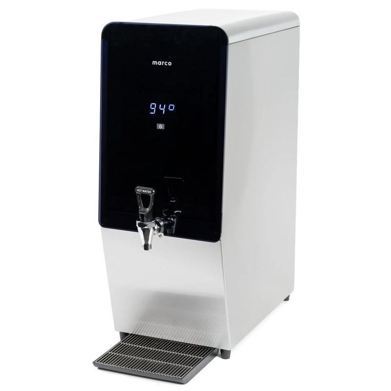 Marco MT25 6.6 gallon hot water dispenser, tall stainless steel body with black digital display and tap, angled