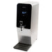 Marco MT8 2 gallon hot water dispenser in stainless steel with black digital display panel and tap, angled view
