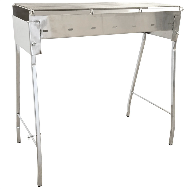 Marsili & Son stainless steel spiedini BBQ grill with lid closed on tall folding legs, angled front view