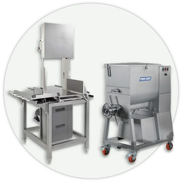 Commercial meat processing machinery featuring meat band saws, grinders, mixers, and slicers.