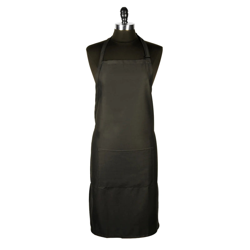 Mercer Culinary black bib apron with front pocket and adjustable neck strap, shown on a dress form mannequin