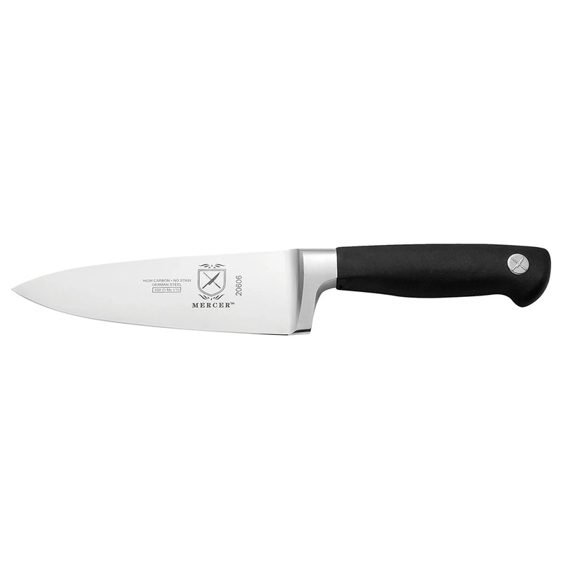 Mercer Culinary Genesis 6-inch chef's knife with wide forged stainless steel blade, bolster and black non-slip handle