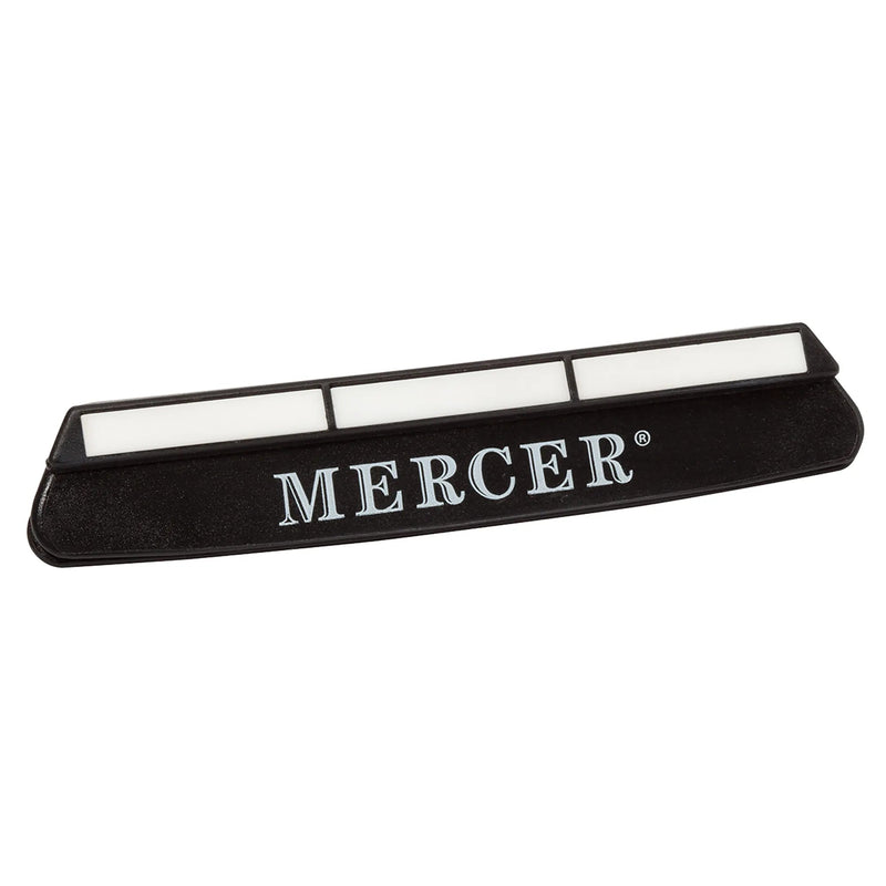 Mercer Culinary knife sharpening guide, black angled base with white stone insert and Mercer logo on the side