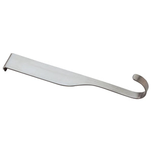 Mercer Culinary single magnetic hook set of 2, side view of the curved brushed stainless steel hook