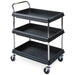Metro BC2030-3DBL black plastic deep ledge utility cart with three shelves, chrome posts and swivel casters, angled view