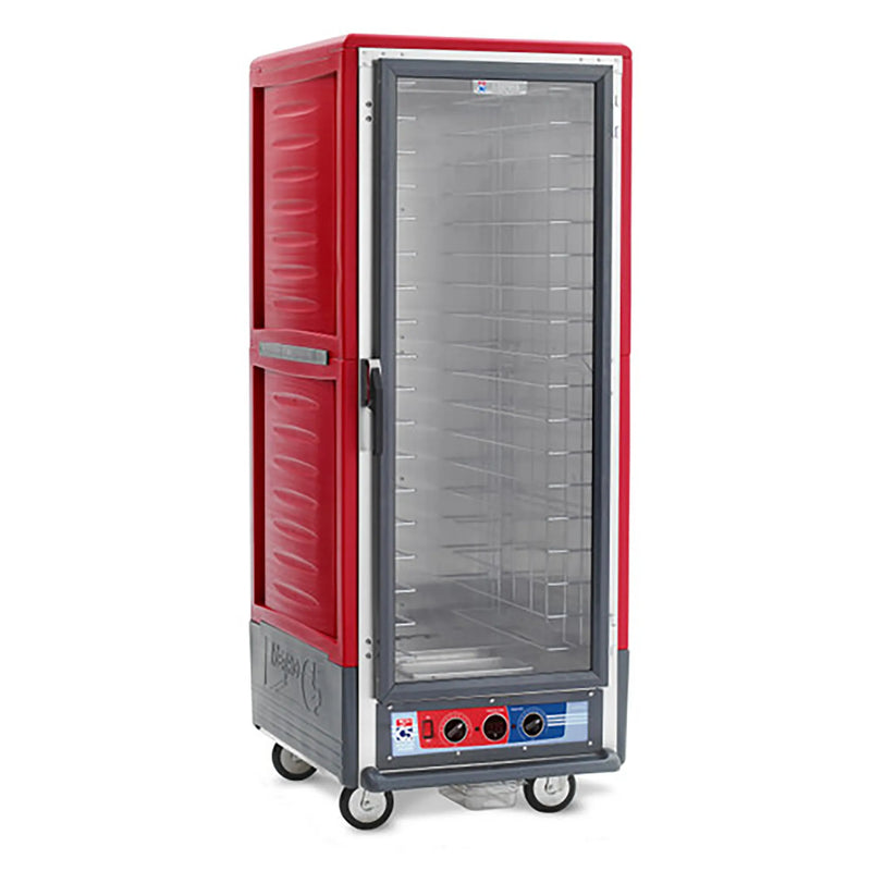 Metro C539-CLFC-U insulated proofer and heated holding cabinet in red with clear full-height door on casters, angled