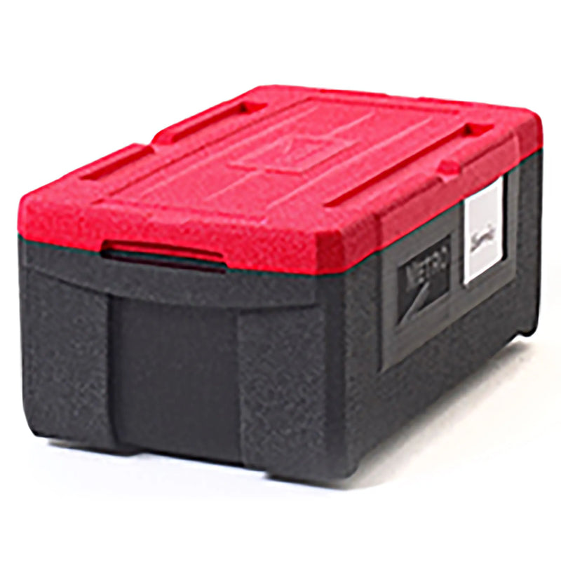 Metro ML180-RED full-size top loaded insulated food carrier with red lid, black body and label holder, angled view