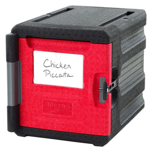 Metro ML300-RED full-size front loaded insulated food carrier with red door, black body and handwritten label, angled