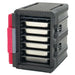 Metro ML400-RED front loaded insulated food carrier with door open showing stainless steel food pans on inner rails