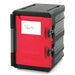 Metro ML400-RED full-size front loaded insulated food carrier with red latching door and black body, angled front view