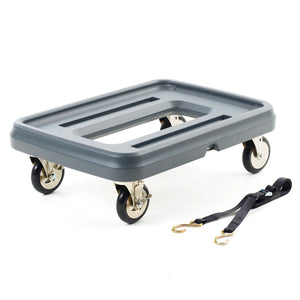 Metro MLD1 food carrier dolly in grey plastic with four swivel casters and black securing strap, angled view