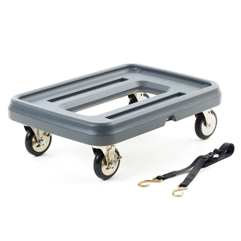 Metro MLD1 food carrier dolly in grey plastic with four swivel casters and black securing strap, angled view