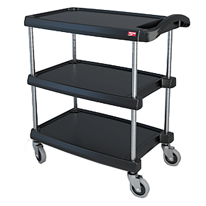 Metro MY1627-34BL black plastic three-shelf utility cart with chrome posts, push handle and swivel casters, angled view