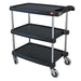 Metro MY1627-34BL black plastic three-shelf utility cart with chrome posts, push handle and swivel casters, angled view