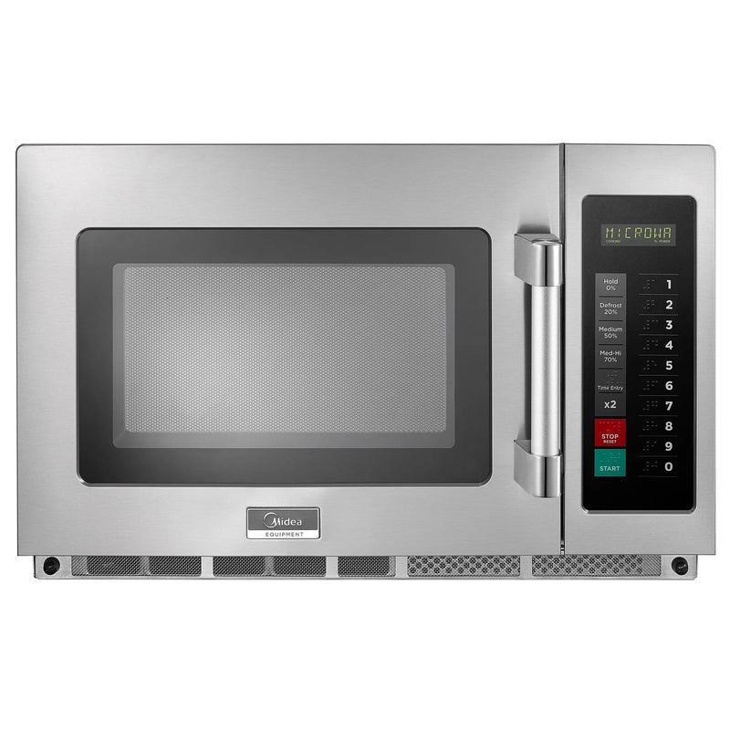 Midea 2134G1A commercial touchpad microwave with filter, 2100W, stainless steel with side keypad, front view