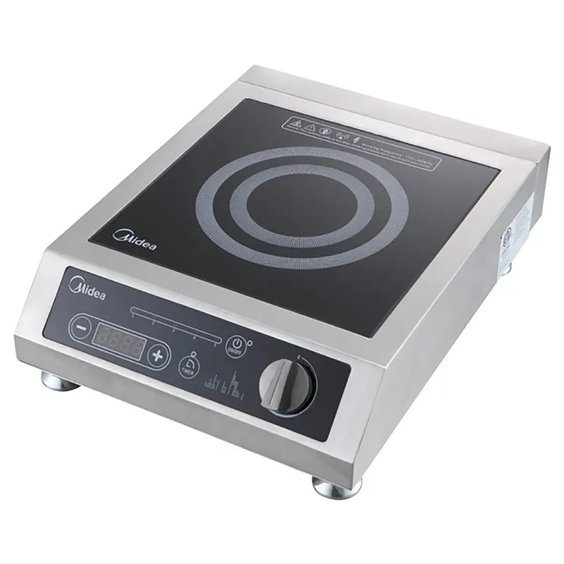 Midea MIC1800F commercial electric induction cooker, 120V 1800W, black glass top with stainless steel base and knob