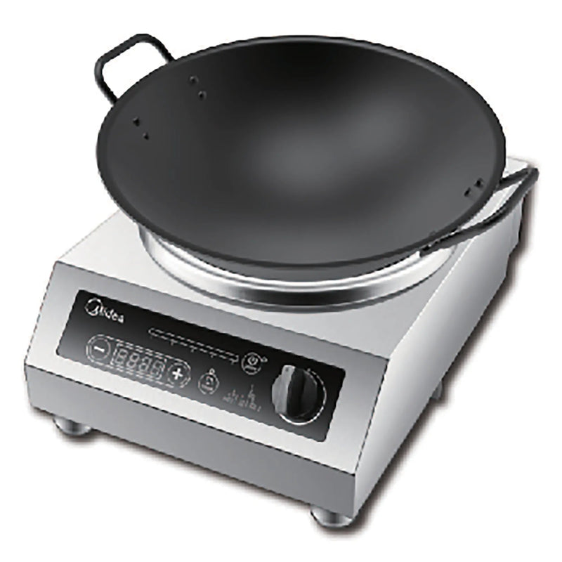 Midea MIC3400WK countertop induction wok range, 3400W, stainless steel base with black wok and control knob