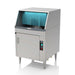 Moyer Diebel DF Revolution rotating glass washer in stainless steel with open front and blue curtains, angled view