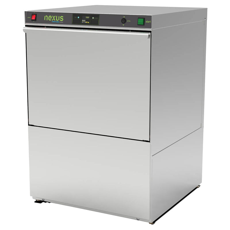 Moyer Diebel NEXUS N900 high-temp under counter dishwasher in stainless steel with top control panel, angled view