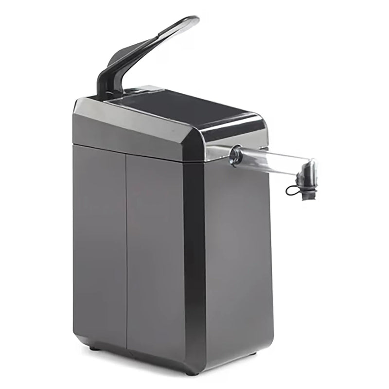 Nemco 10950 single countertop condiment dispenser, black housing with lever pump handle and spout, angled view
