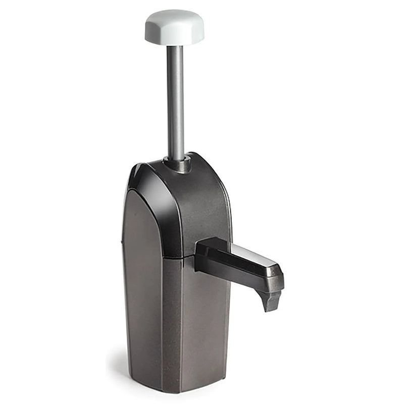 Nemco 10959 single in-counter condiment dispenser, black body with plunger pump and spout, angled side view