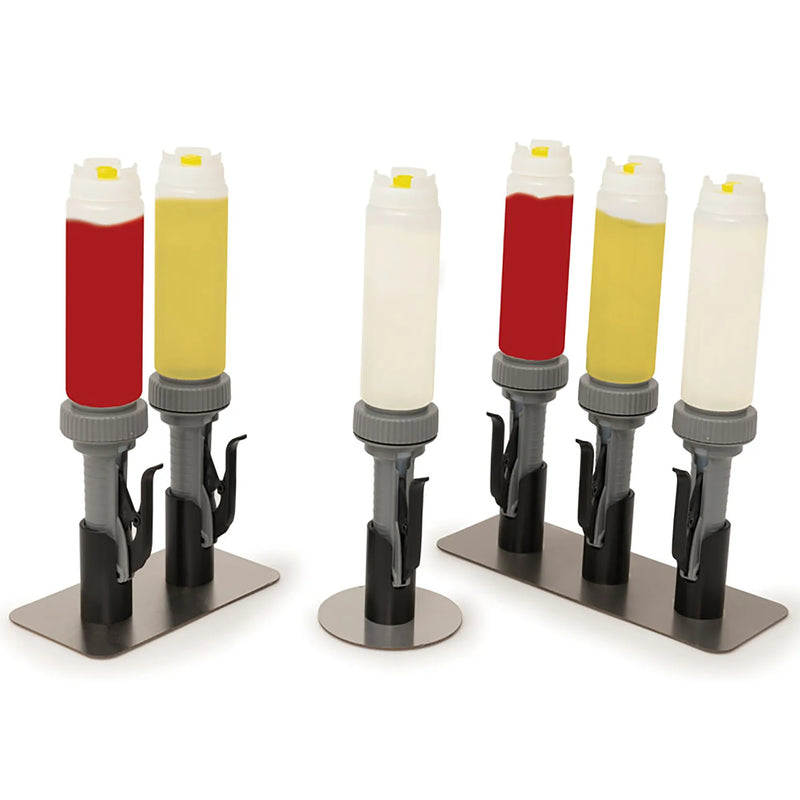 Nemco 10960 series portion pump kit with red, yellow and white condiment bottles on single and triple bases