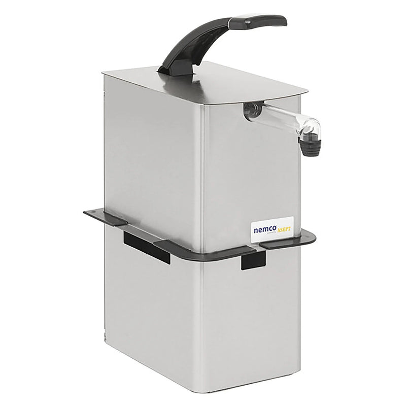 Nemco 10966 single drop-in condiment dispenser, stainless steel with one black pump handle, angled front view