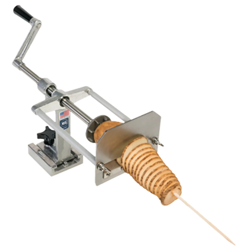 Nemco 55050AN-CT Chip Twister, 1/16 inch hand crank cutter making a spiral potato chip on a wooden skewer
