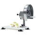 Nemco 55200AN series Easy Slicer mounted on a white cutting board with onions, side view of the crank slicer
