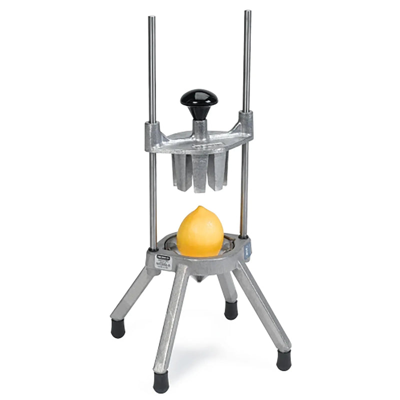 Nemco 55550 series Easy Wedger, aluminum frame with a lemon on the wedging blade and black knob handle