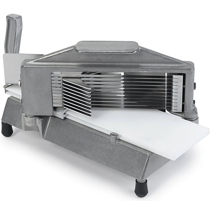 Nemco 55600 series Easy Tomato Slicer, aluminum frame with stainless steel blades and white cutting board