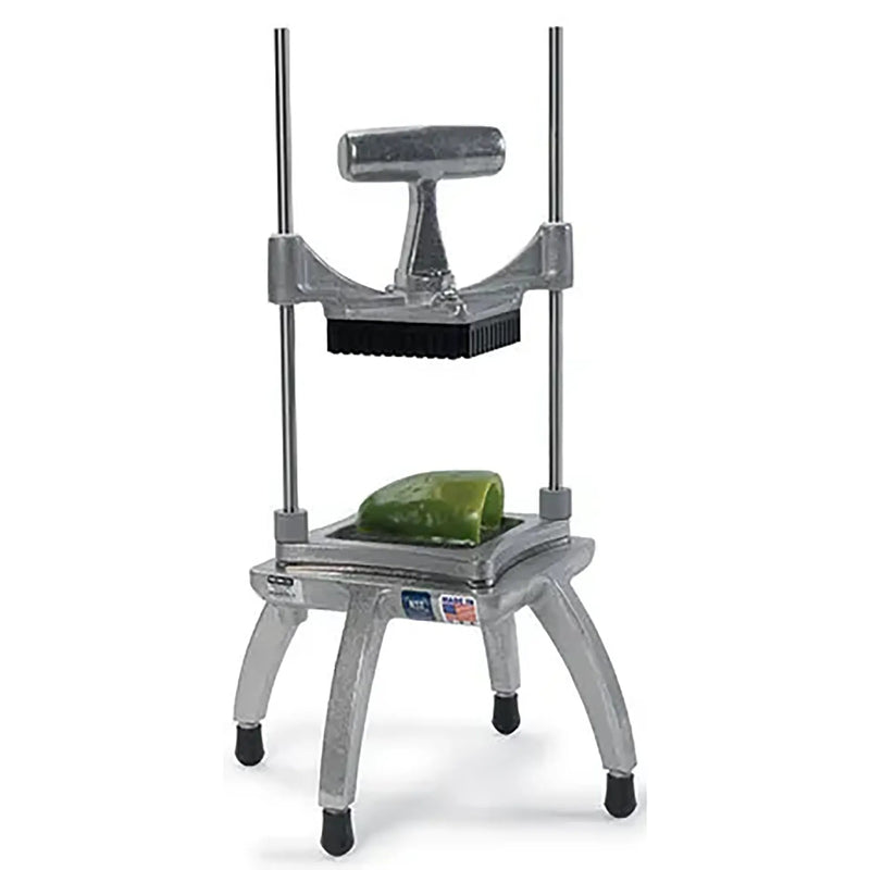 Nemco 56500 series Easy Chopper 2 vegetable chopper with a green pepper on the blade, aluminum frame