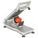 Nemco 56610 series Roma Tomato Slicer, aluminum hinged slicer with a tomato on the blade bed, angled view
